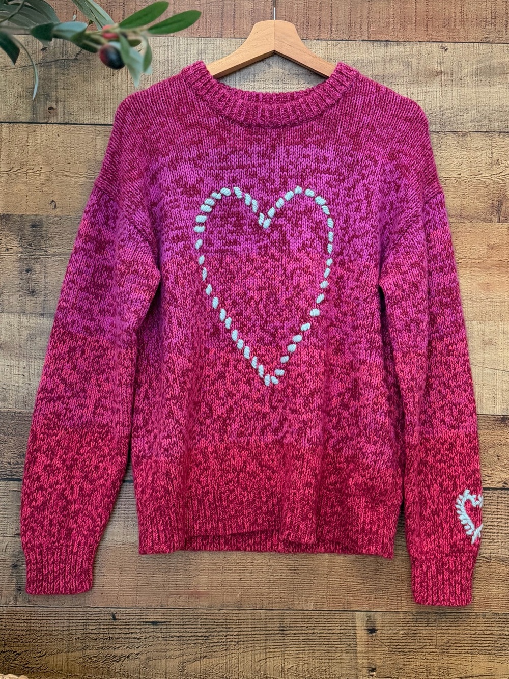 Sweater Heart Sundance Pink Marled Knit Sweater with Heart Motif. Wool Blend